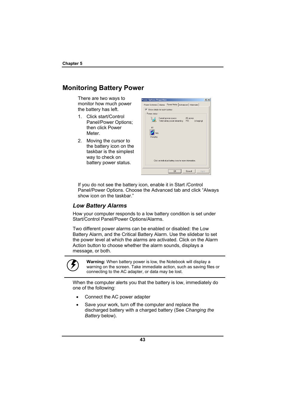 Monitoring battery power | Everex SA Series User Manual | Page 47 / 71