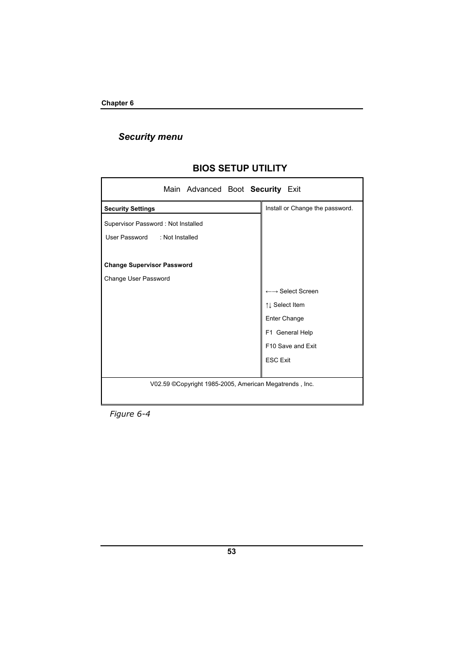Security menu, Bios setup utility | Everex SA Series User Manual | Page 57 / 71