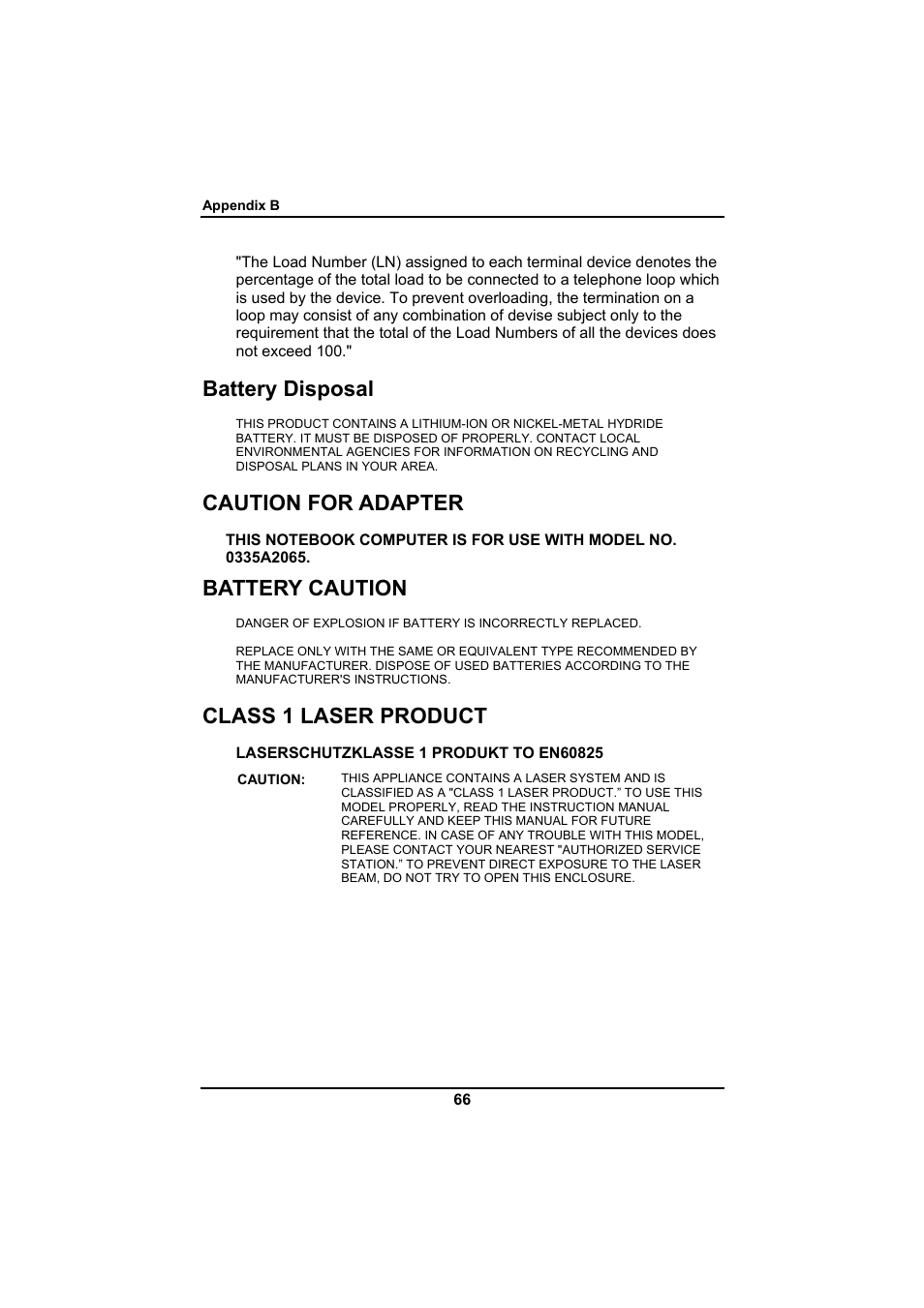 Battery disposal, Caution for adapter, Battery caution | Class 1 laser product | Everex SA Series User Manual | Page 70 / 71