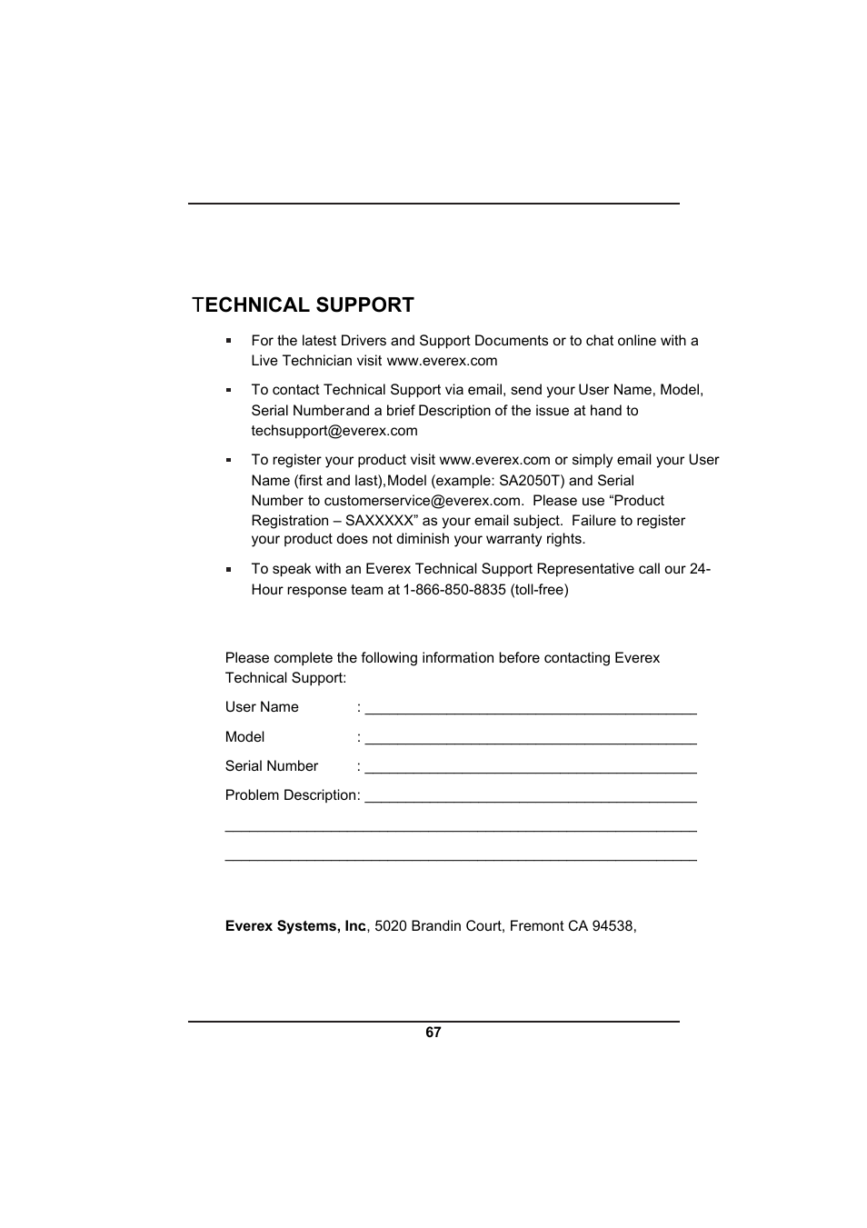Technical support | Everex SA Series User Manual | Page 71 / 71
