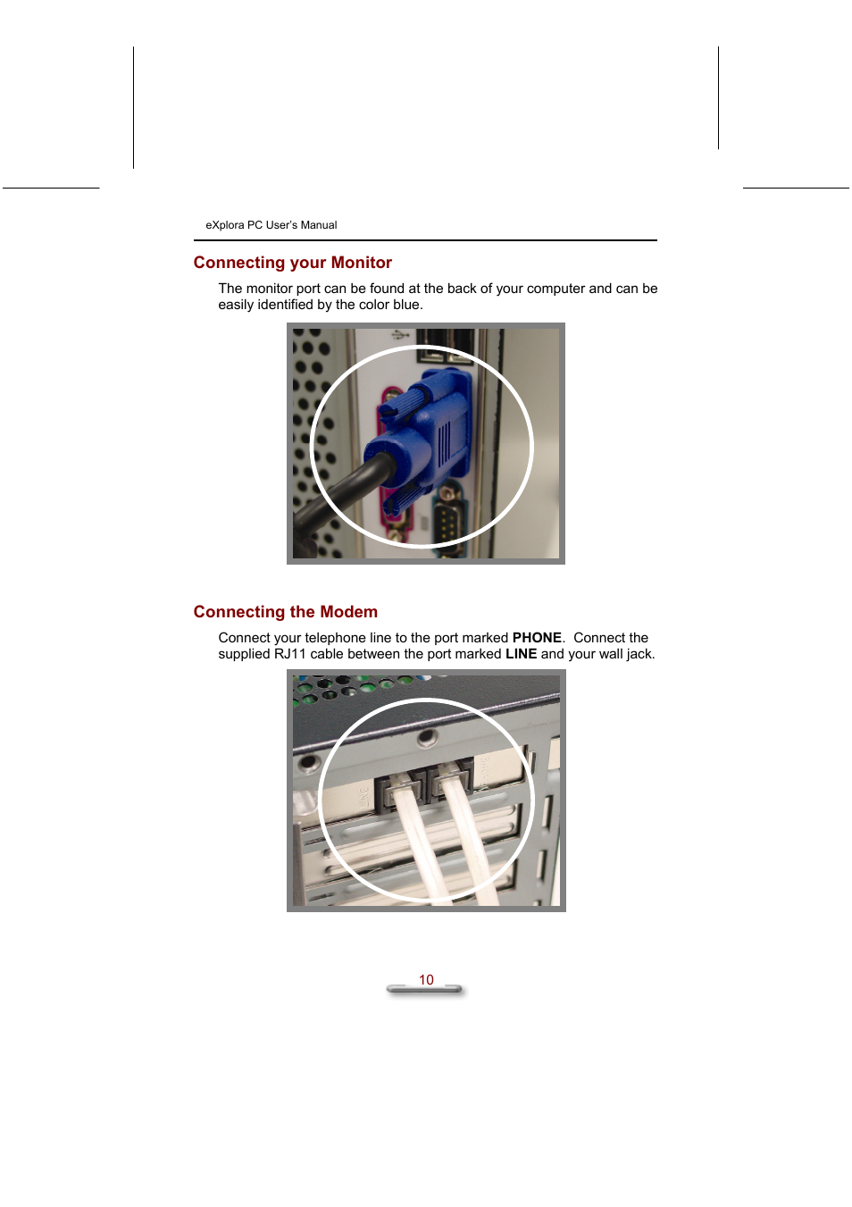 Connecting your monitor, Connecting the modem | Everex eXplora User Manual | Page 16 / 29