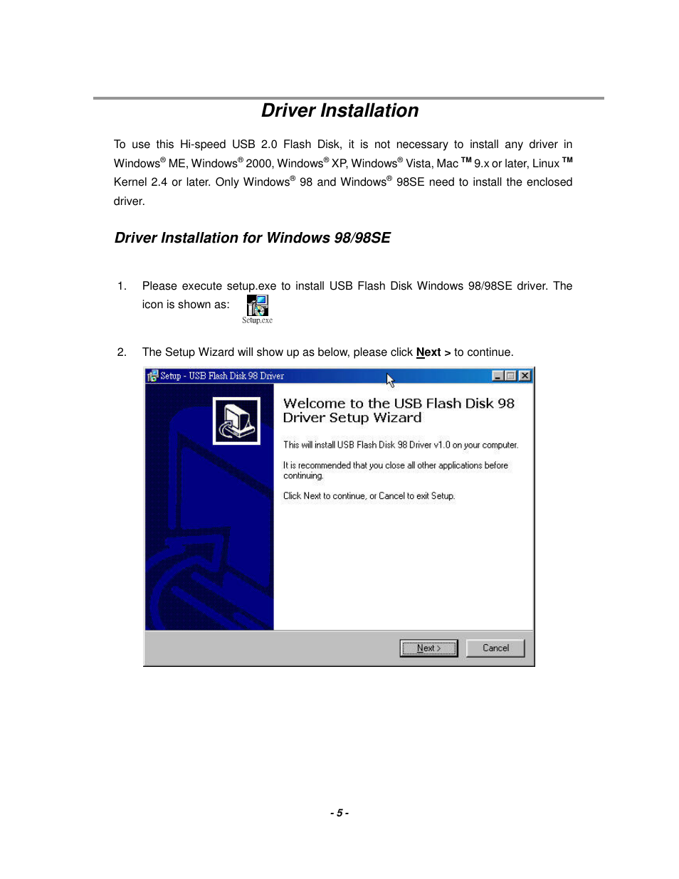 Driver installation, Driver installation for windows 98/98se | Event electronic 2.0 User Manual | Page 5 / 15