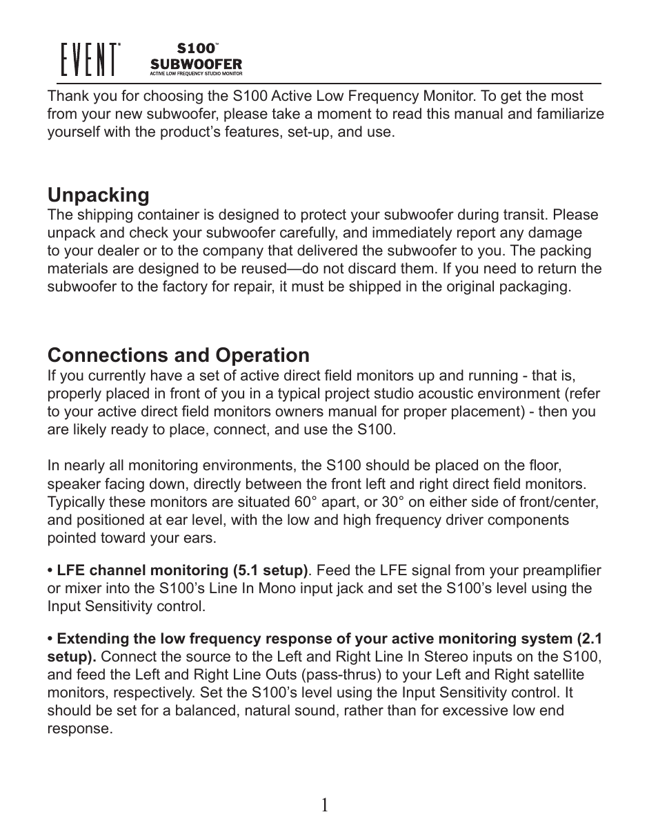 Unpacking, Connections and operation | Event electronic S100 User Manual | Page 2 / 5
