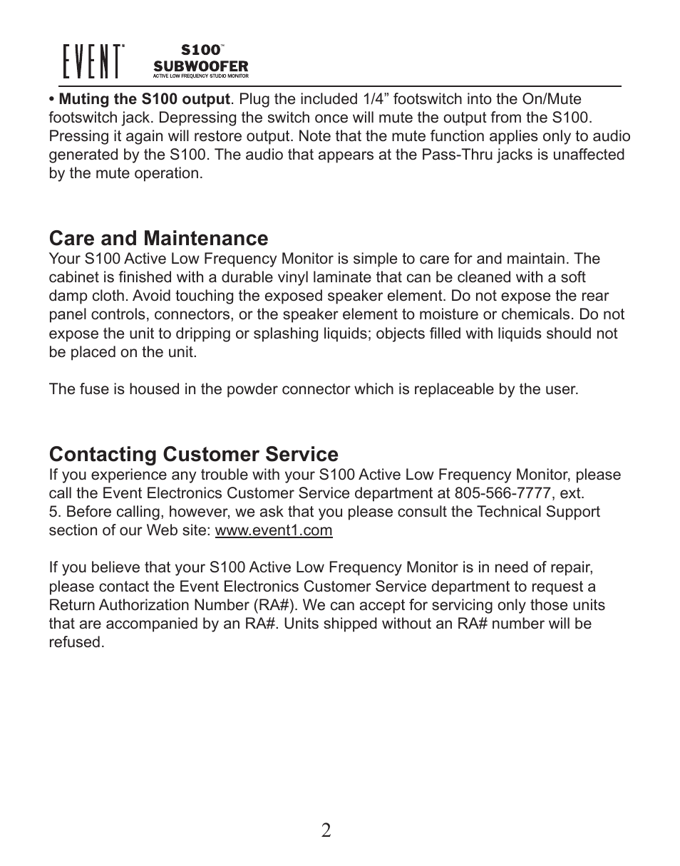 Care and maintenance, Contacting customer service | Event electronic S100 User Manual | Page 3 / 5