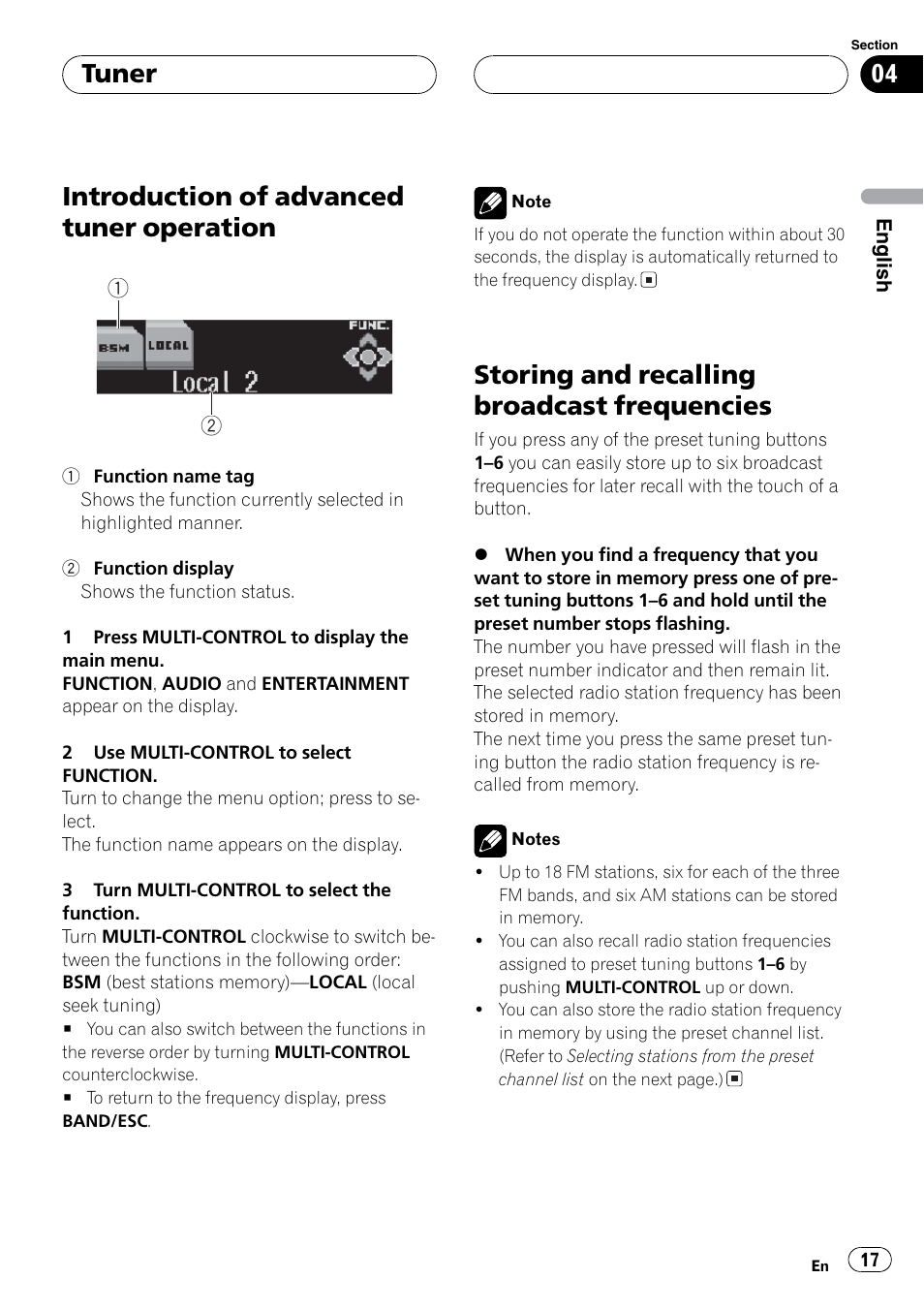 Storing / recalling presets, Introduction of advanced tuner operation, Storing and recalling broadcast frequencies | Tuner | Event electronic DEH-P8600MP User Manual | Page 17 / 80