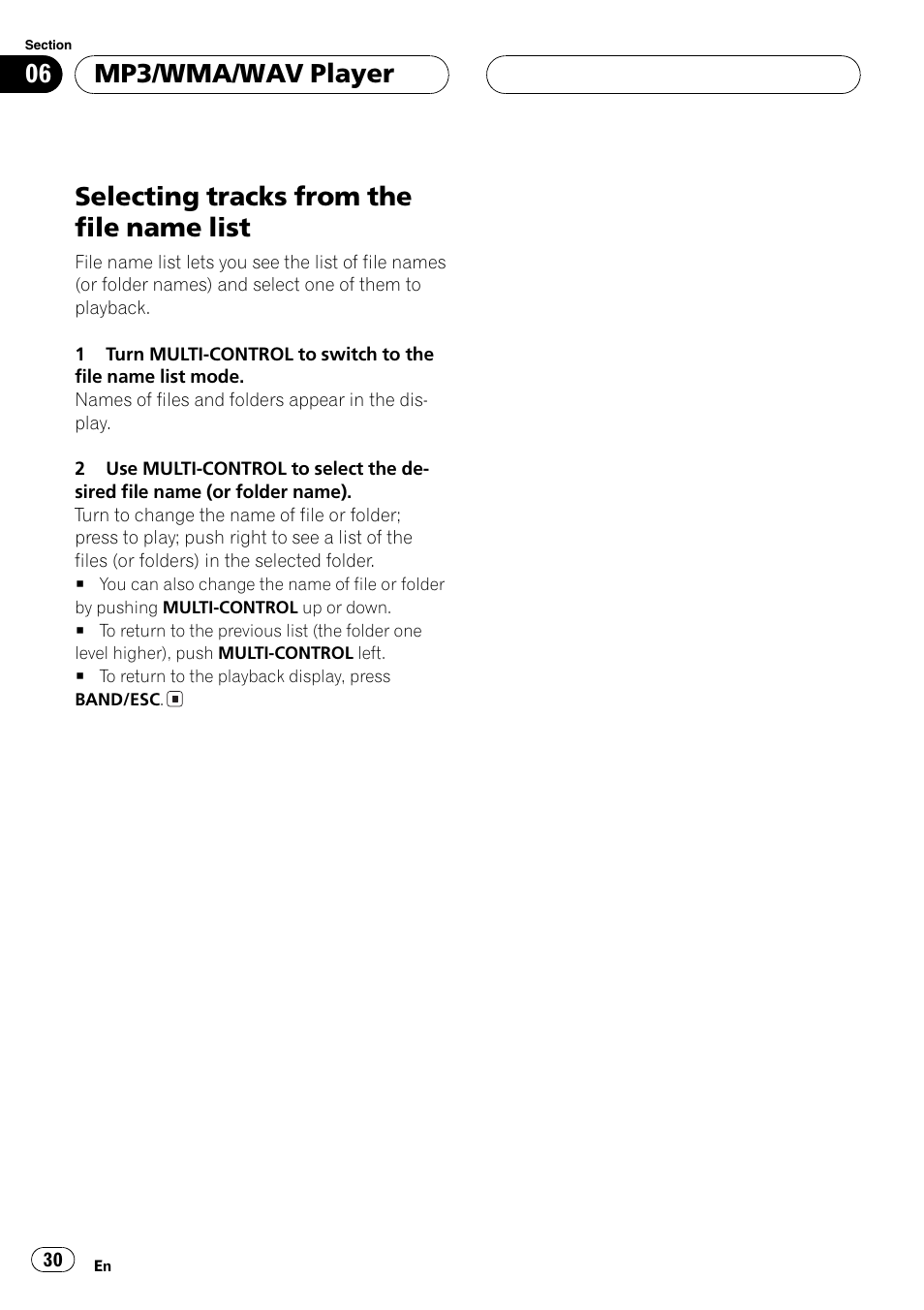 Selecting tracks from the file name list, Mp3/wma/wav player | Event electronic DEH-P8600MP User Manual | Page 30 / 80