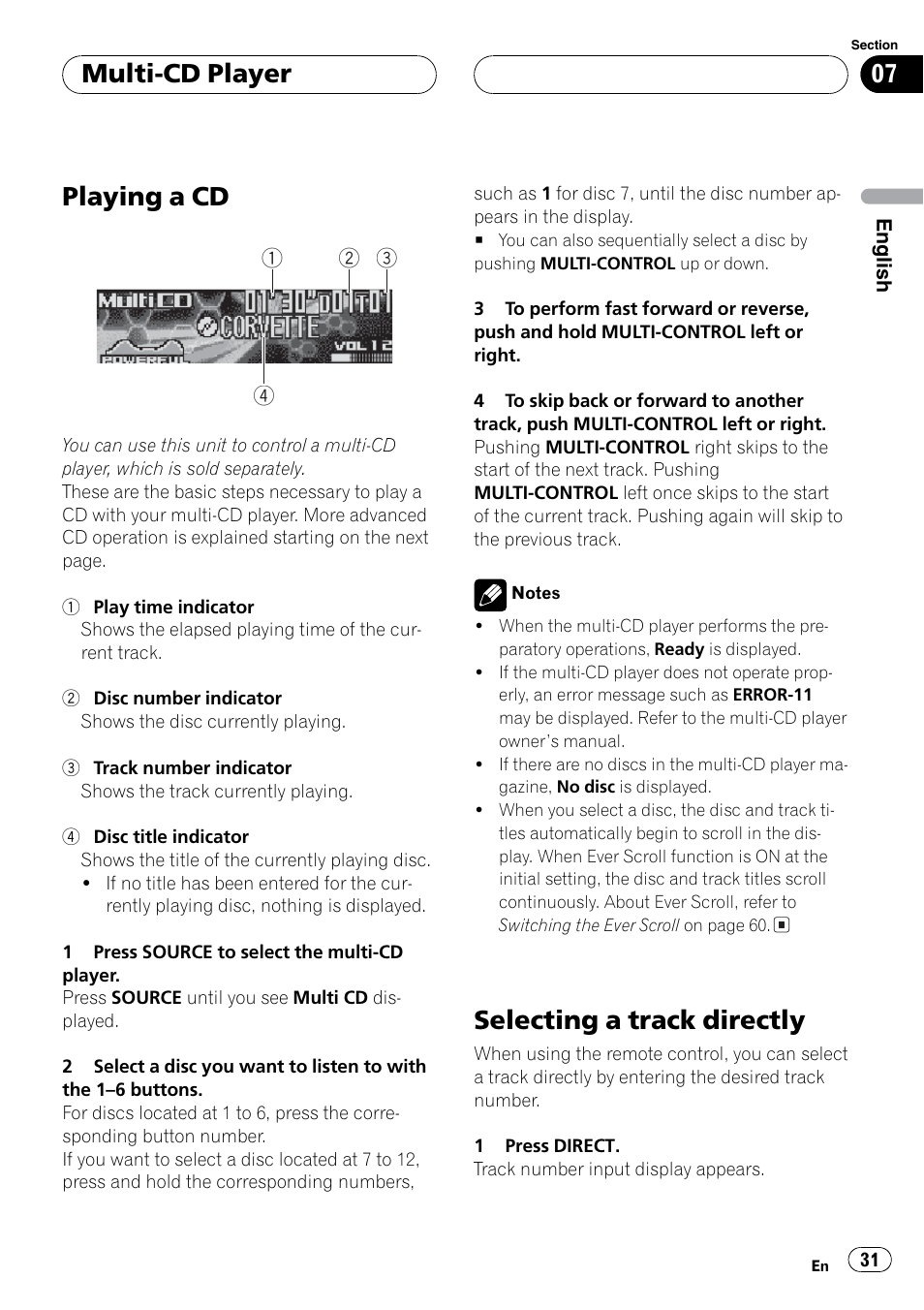 Cd changer control, Display, Disc select | Fast forward / reverse, Track forward / back, Direct track select, Playing a cd, Selecting a trackdirectly, Multi-cd player | Event electronic DEH-P8600MP User Manual | Page 31 / 80