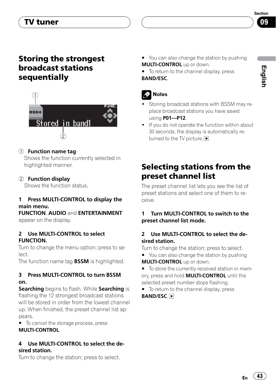 Storing strongest stations, Selecting stations from list, Selecting stations from the preset channel list | Tv tuner | Event electronic DEH-P8600MP User Manual | Page 43 / 80
