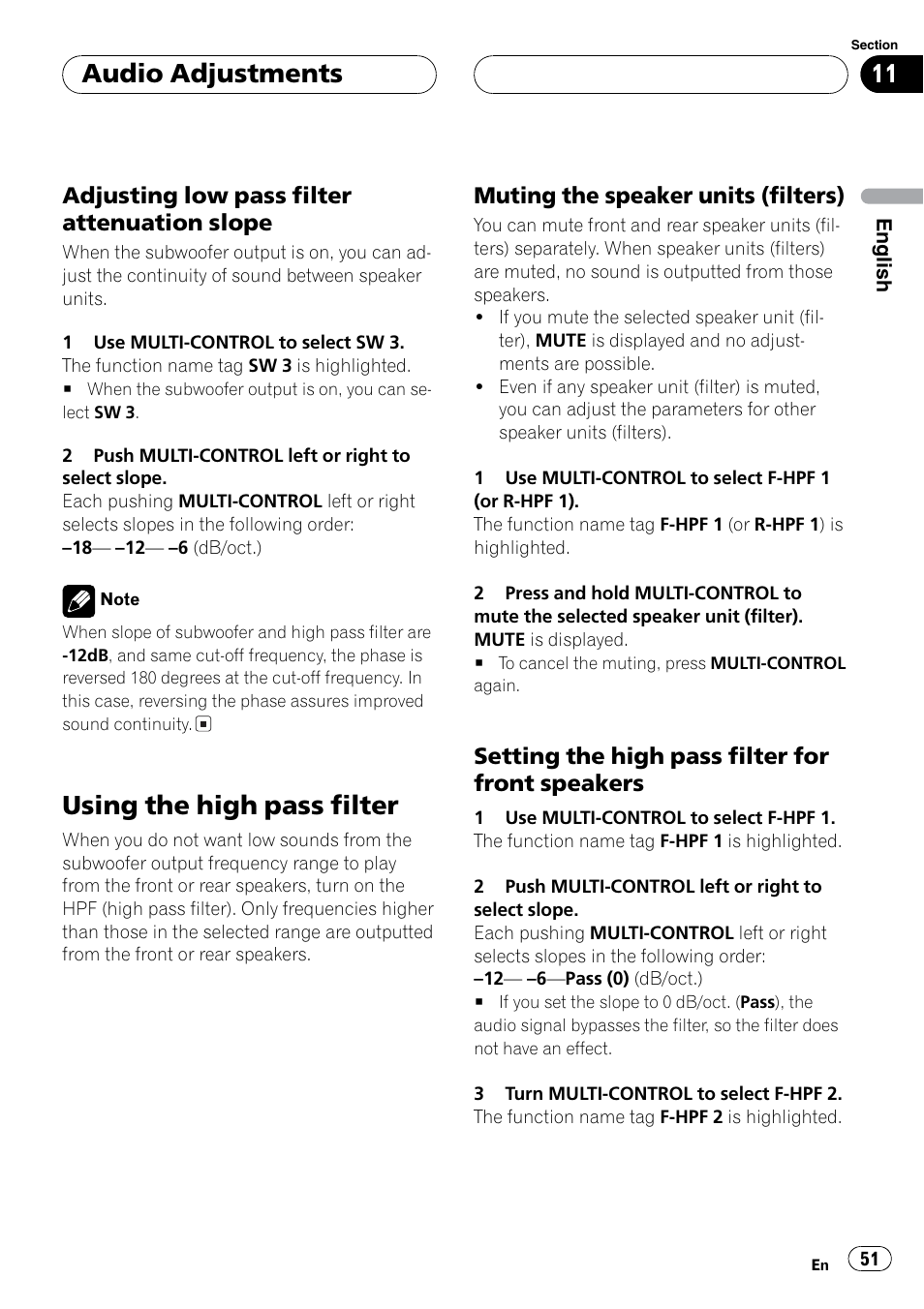 Low pass filter, High pass filter, Muting speaker pairs | Using the high pass filter, Audio adjustments, Adjusting low pass filter attenuation slope, Muting the speaker units (filters), Setting the high pass filter for front speakers | Event electronic DEH-P8600MP User Manual | Page 51 / 80