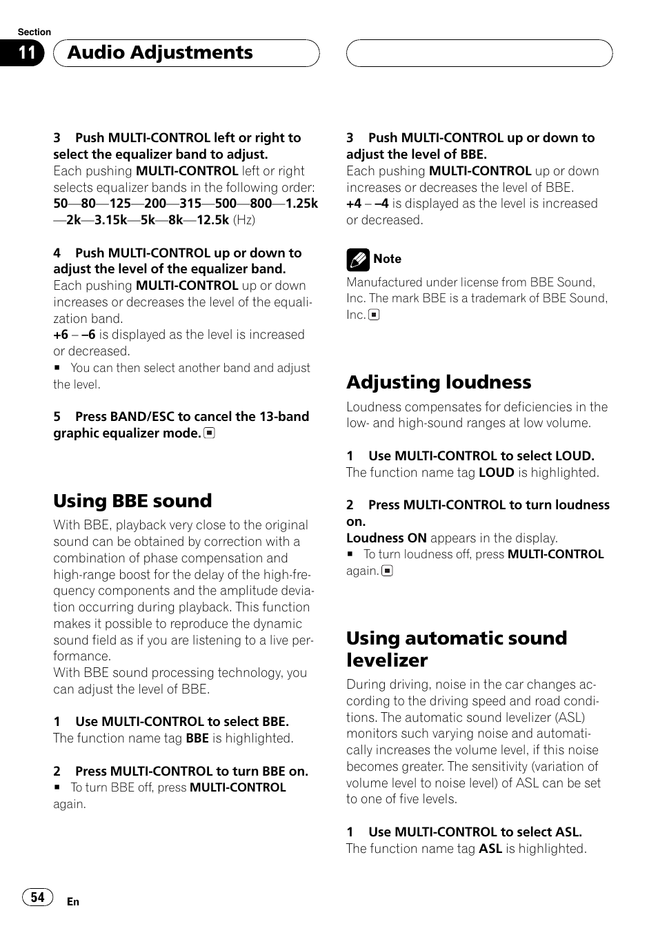Loudness, Automatic sound levelizer, Using bbe sound | Adjusting loudness, Using automatic sound levelizer, Audio adjustments | Event electronic DEH-P8600MP User Manual | Page 54 / 80