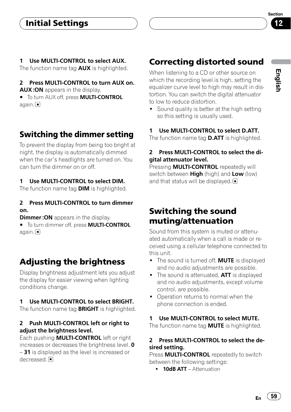 Dimmer, Brightness, Correcting distorted sound | Mute / att, Switching the dimmer setting, Adjusting the brightness, Switching the sound muting/attenuation, Initial settings | Event electronic DEH-P8600MP User Manual | Page 59 / 80