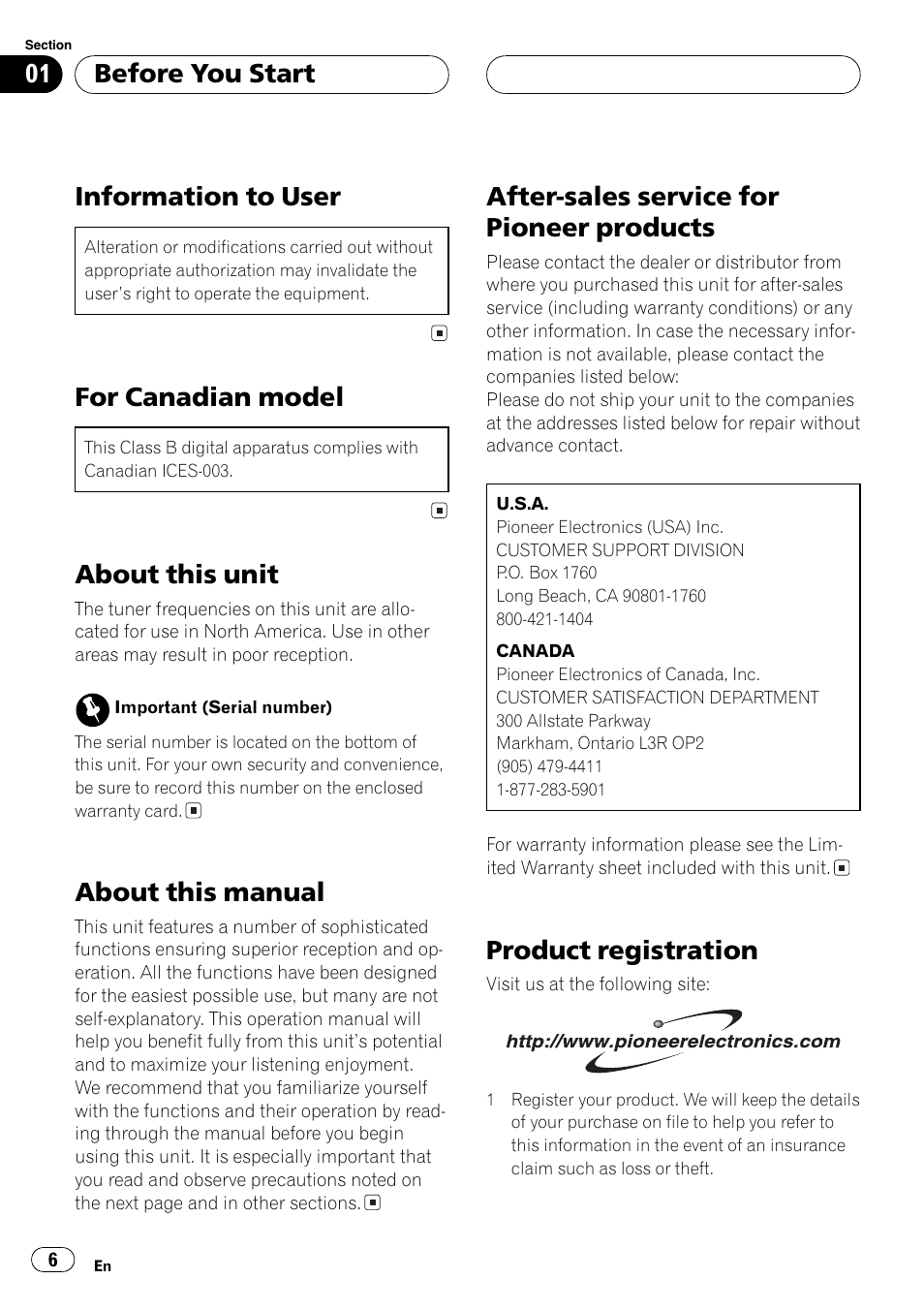 Information to user, For canadian model, About this unit | About this manual, After-sales service for pioneer products, Product registration, Before you start | Event electronic DEH-P8600MP User Manual | Page 6 / 80