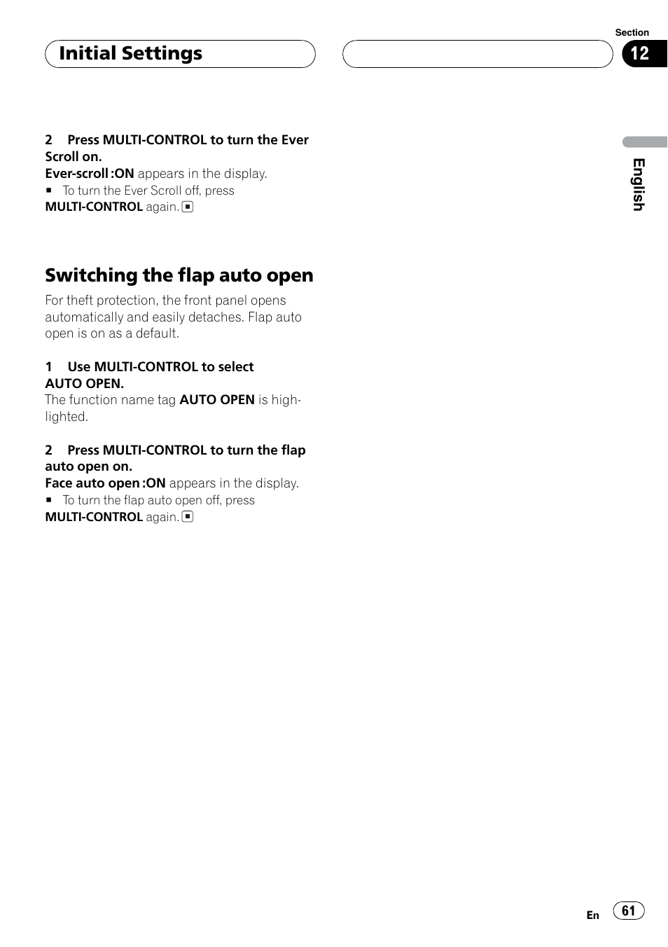 Flap auto open, Switching the flap auto open, Initial settings | Event electronic DEH-P8600MP User Manual | Page 61 / 80