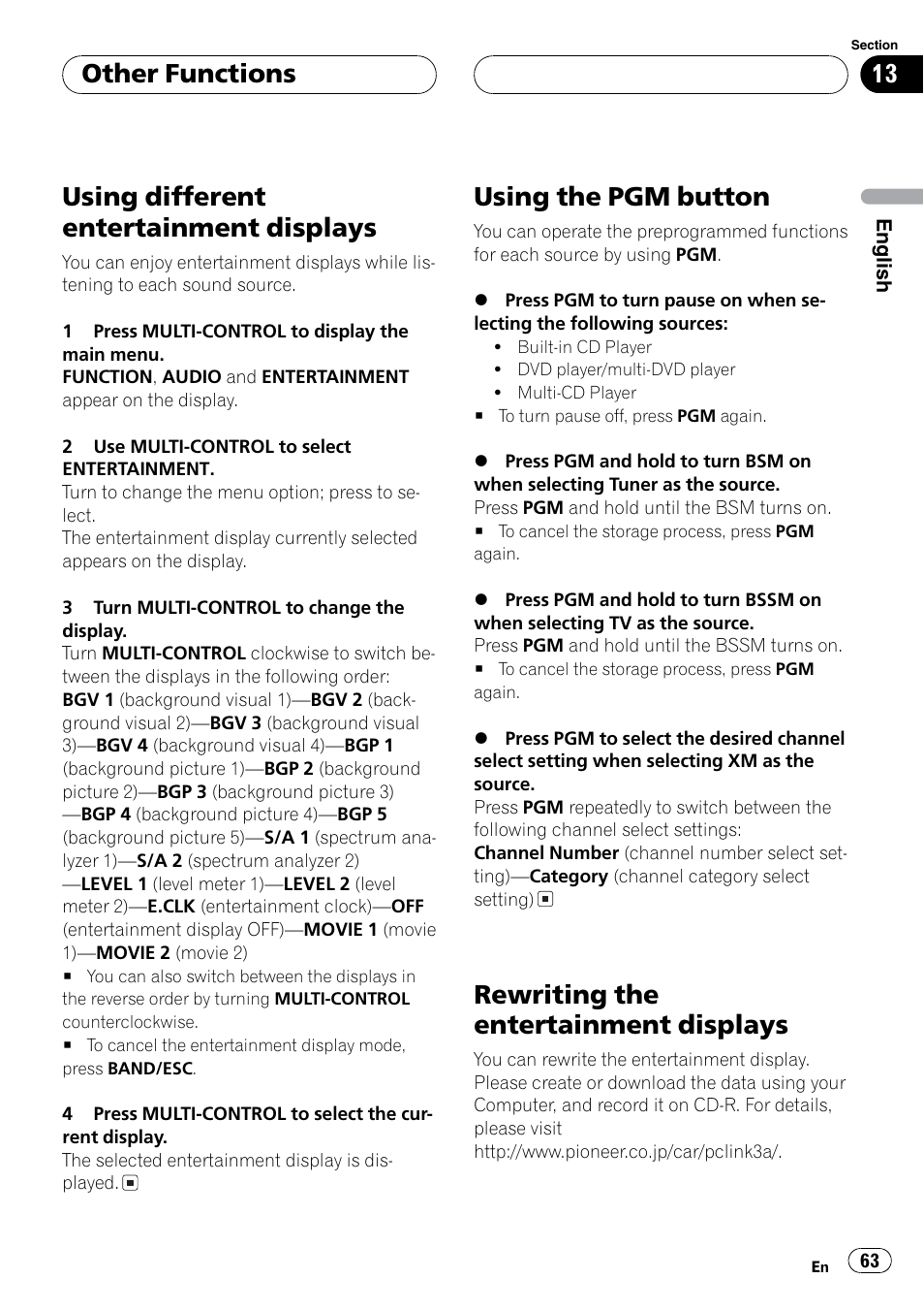 Entertainment displays, Using pgm button, Rewriting entertainment displays | Using different entertainment displays, Using the pgm button, Rewriting the entertainment displays, Other functions | Event electronic DEH-P8600MP User Manual | Page 63 / 80