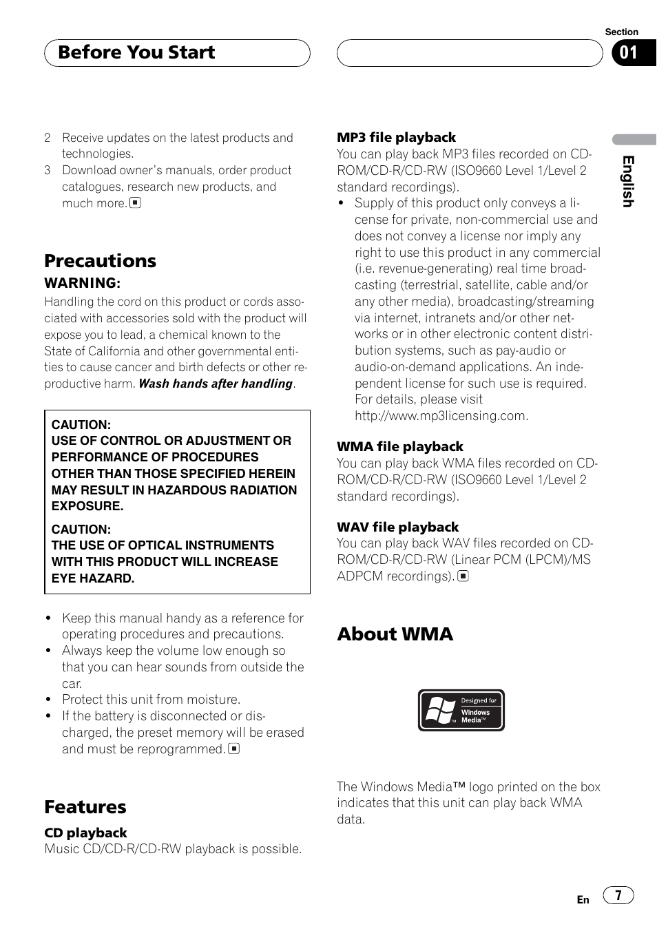 Features, Precautions, About wma | Before you start | Event electronic DEH-P8600MP User Manual | Page 7 / 80