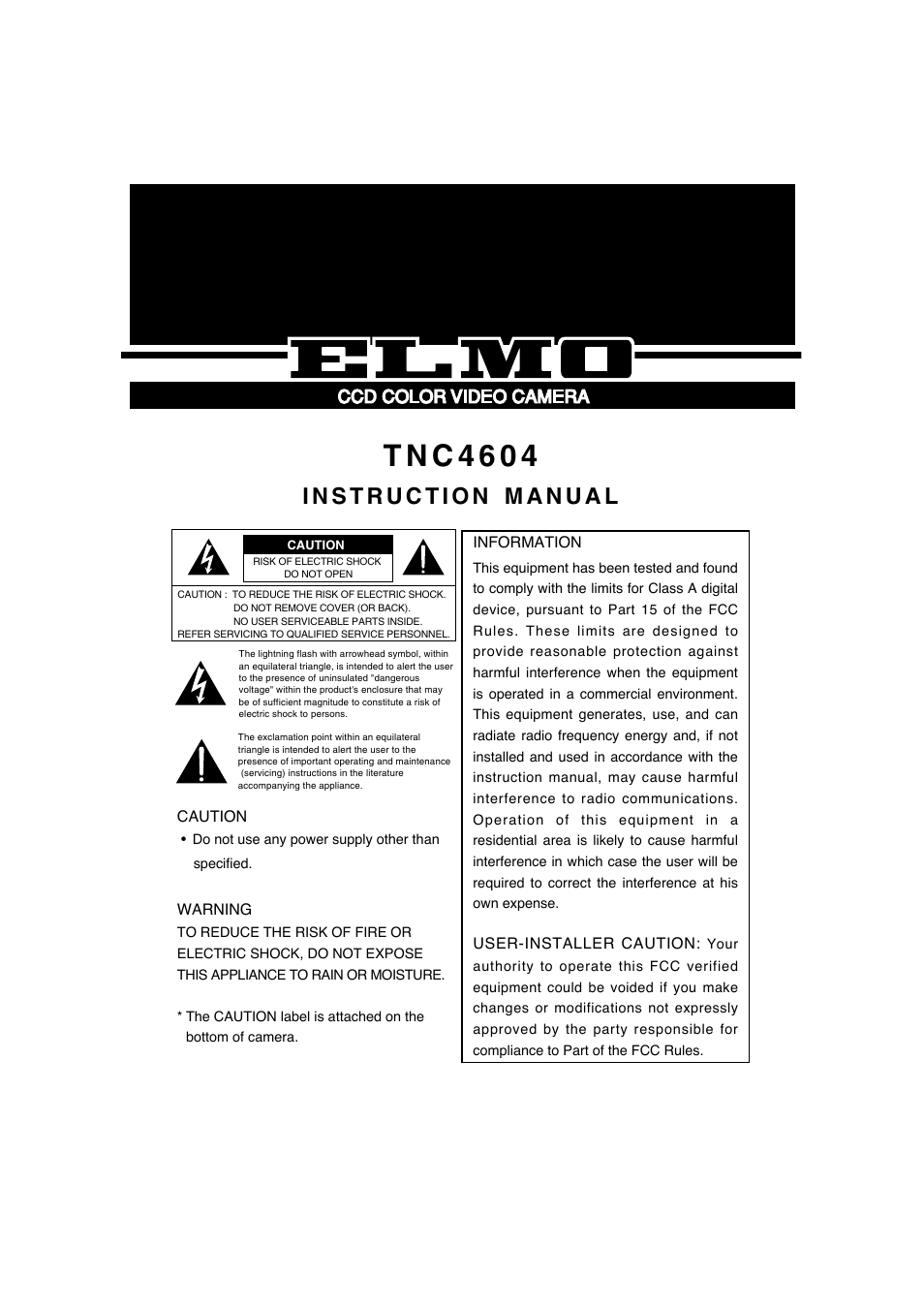 Elmo CCD Color Video Camera TNC4604 User Manual | 8 pages