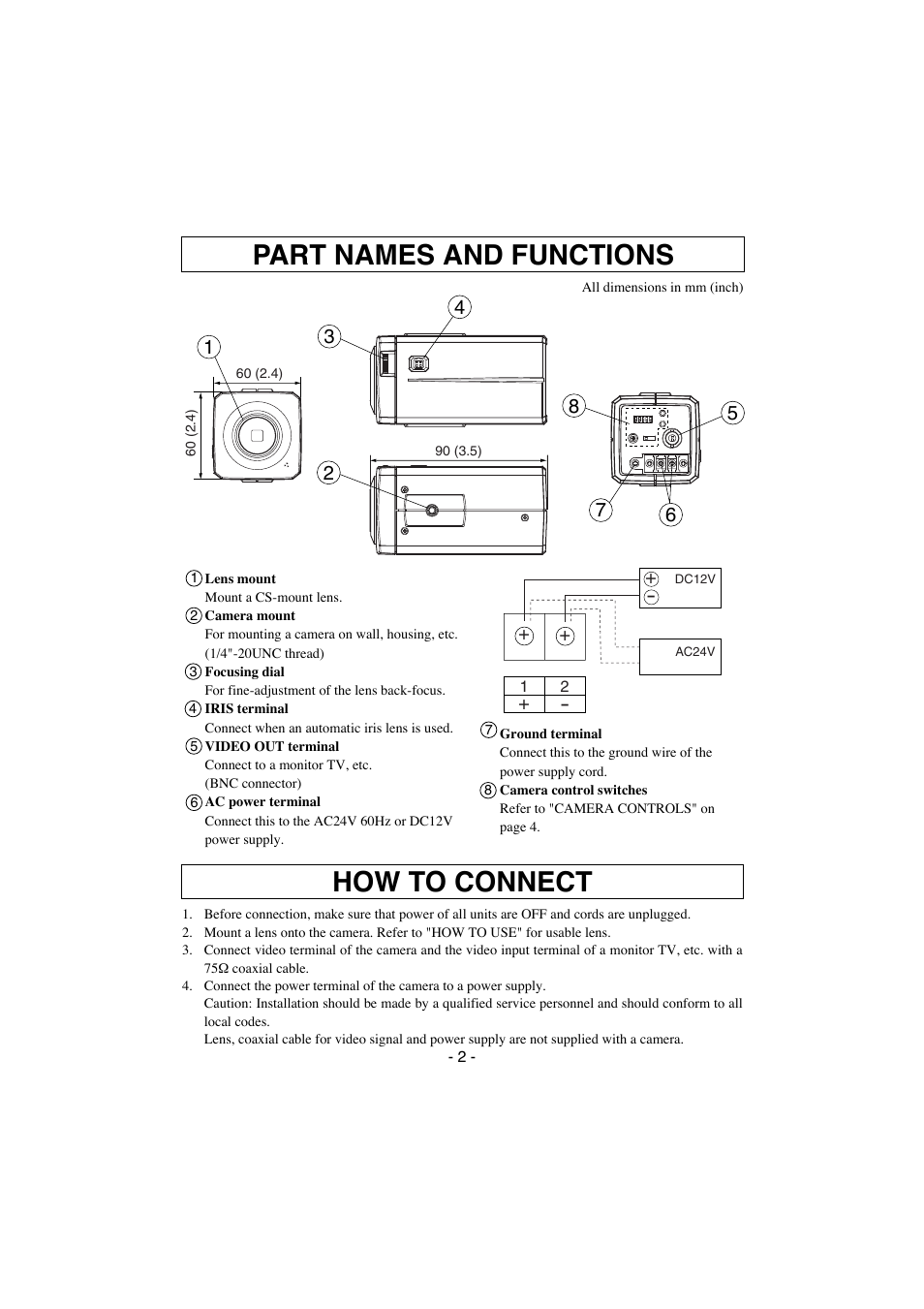 Part names and functions, How to connect | Elmo CCD Color Video Camera TNC4604 User Manual | Page 3 / 8