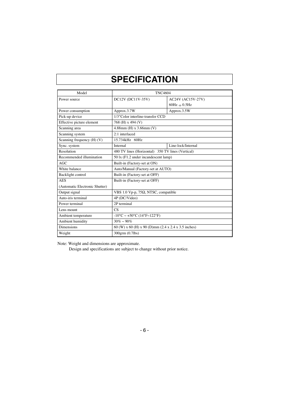 Specification | Elmo CCD Color Video Camera TNC4604 User Manual | Page 7 / 8