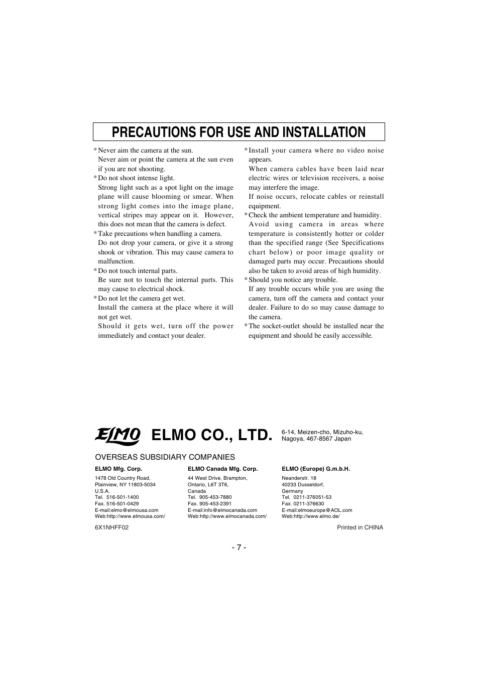 Elmo co., ltd, Precautions for use and installation | Elmo CCD Color Video Camera TNC4604 User Manual | Page 8 / 8
