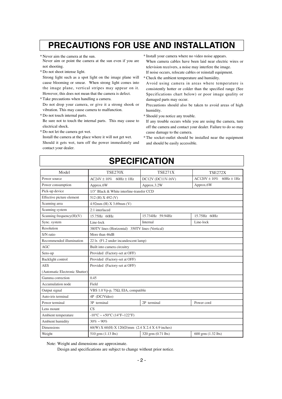 Precautions for use and installation, Specification | Elmo TSE270X User Manual | Page 3 / 8