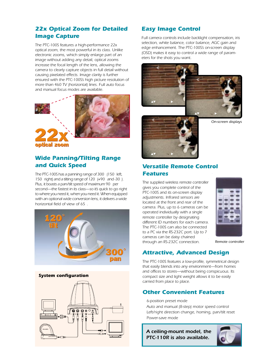 Easy image control, 22x optical zoom for detailed image capture, Wide panning/tilting range and quick speed | Versatile remote control features, Attractive, advanced design, Other convenient features | Elmo PTC-100S User Manual | Page 3 / 4