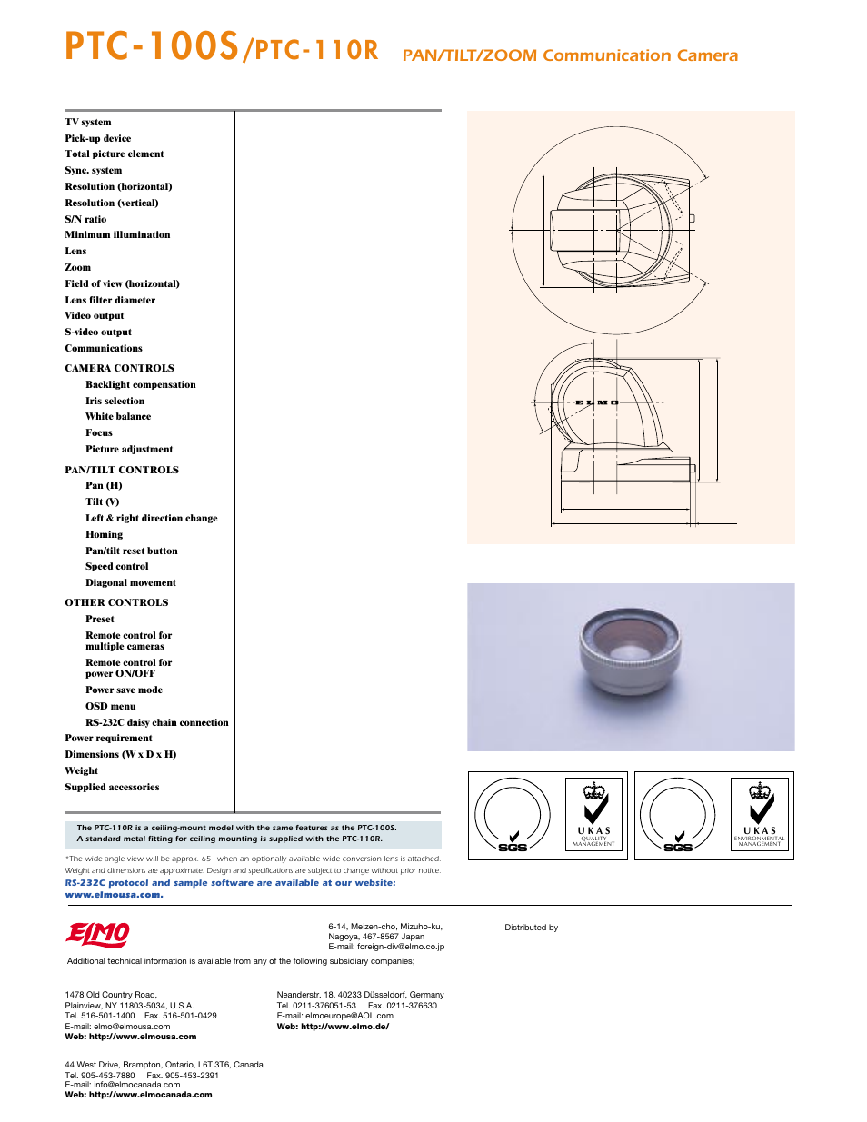 Ptc-100s, Ptc-110r, Elmo co., ltd | Iso 9001, Pan/tilt/zoom communication camera, Specifications (ptc-100s), Profile (ptc-100s), Option wide conversion lens wc01, Elmo mfg. corp, Elmo canada mfg. corp | Elmo PTC-100S User Manual | Page 4 / 4