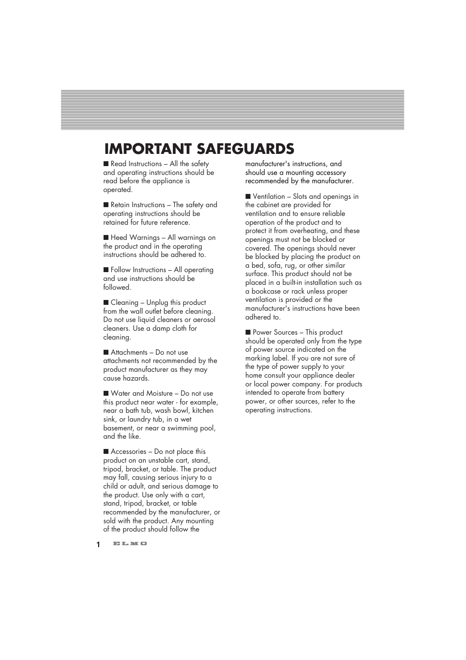 Important safeguards | Elmo Visual Presenter HV-7100SX User Manual | Page 2 / 56