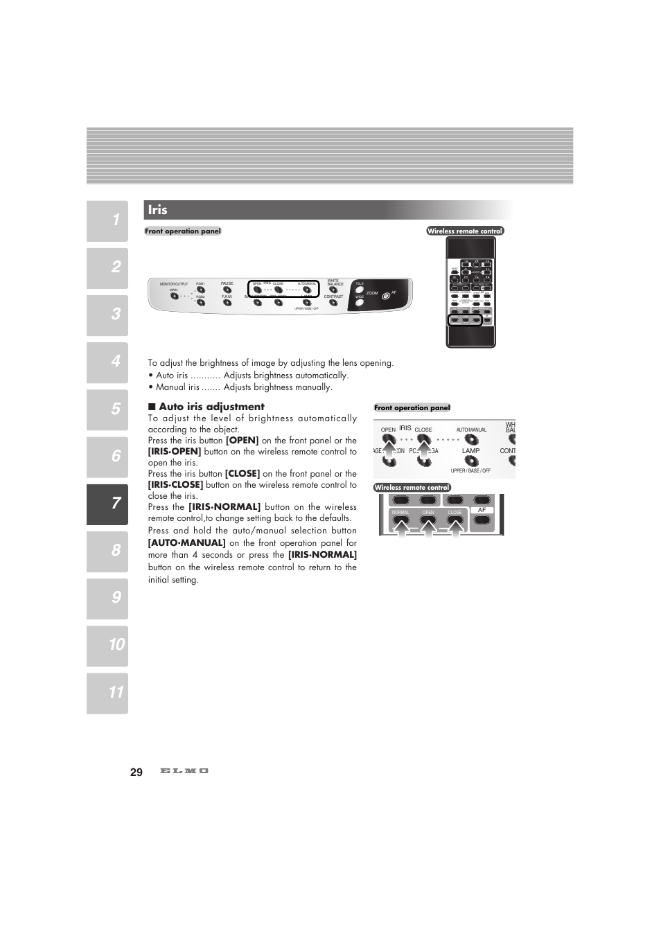 Iris, Auto iris adjustment | Elmo Visual Presenter HV-7100SX User Manual | Page 30 / 56