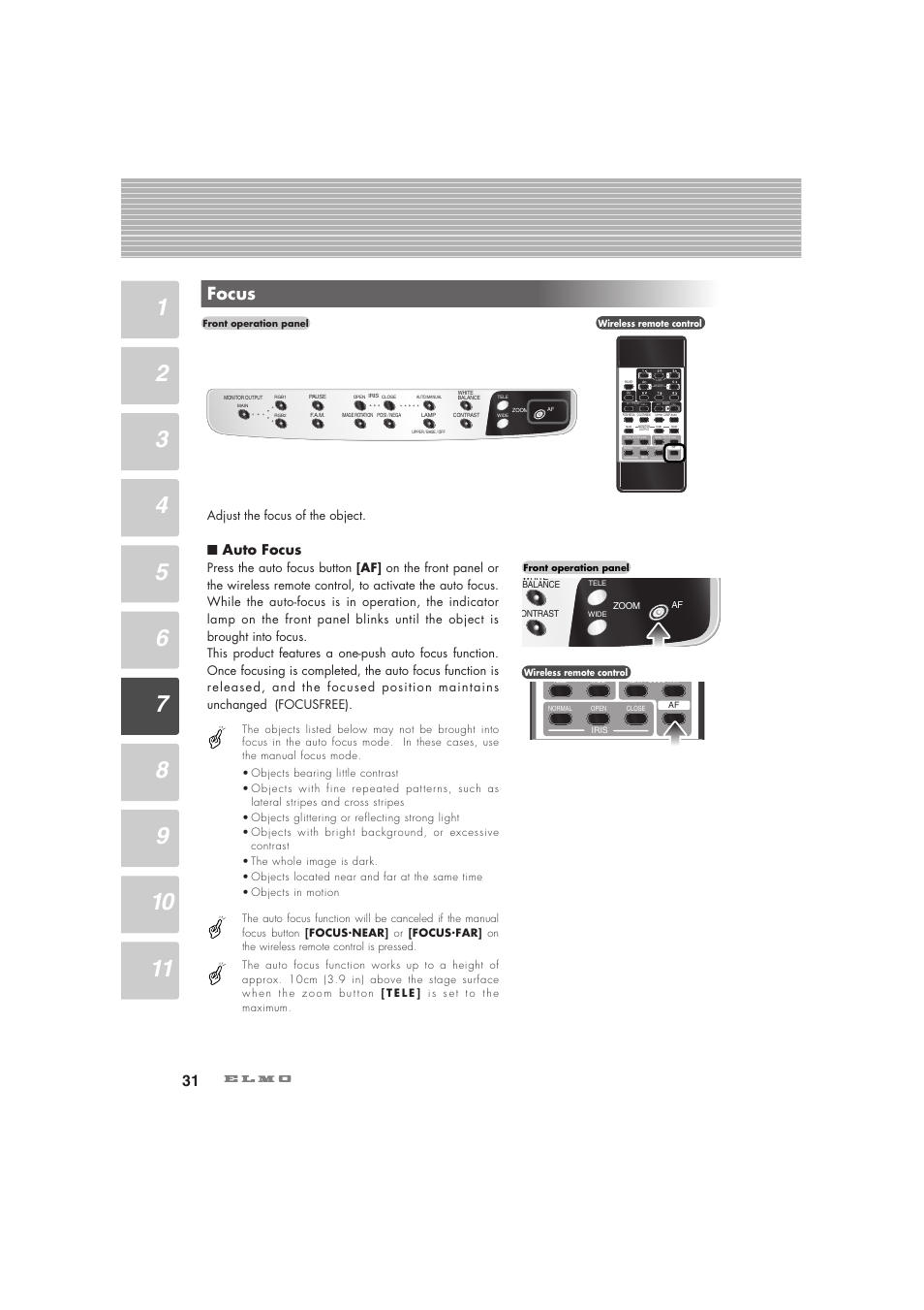 Focus, Auto focus, Adjust the focus of the object | Elmo Visual Presenter HV-7100SX User Manual | Page 32 / 56