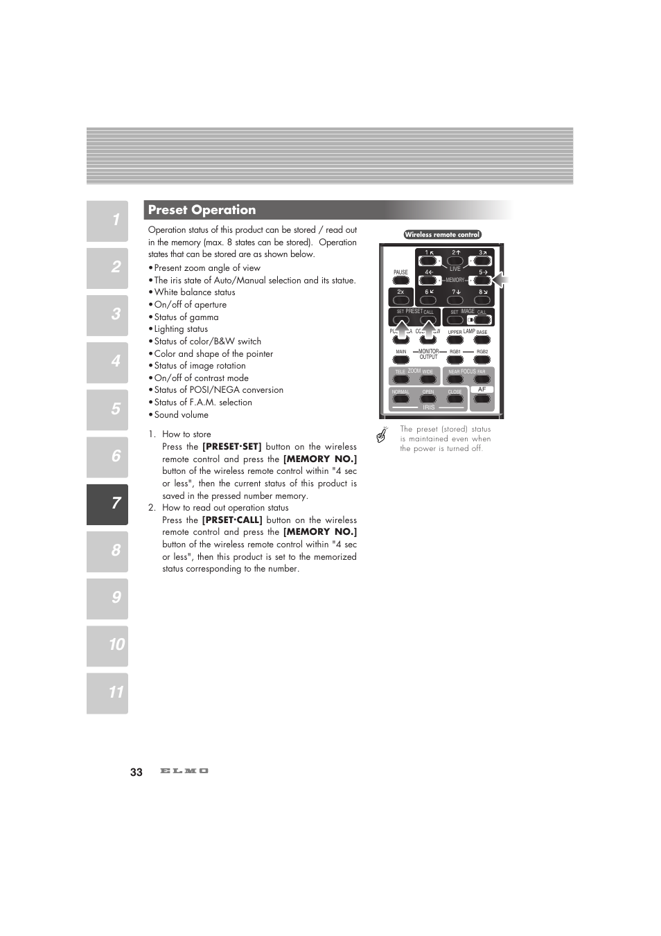 Preset operation | Elmo Visual Presenter HV-7100SX User Manual | Page 34 / 56