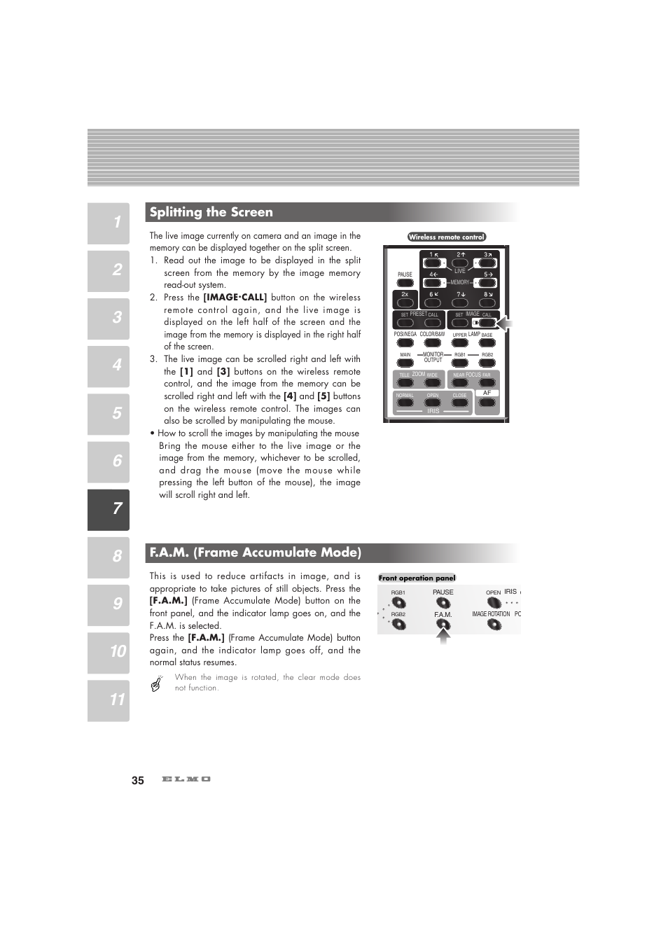 F.a.m. (frame accumulate mode), Splitting the screen | Elmo Visual Presenter HV-7100SX User Manual | Page 36 / 56