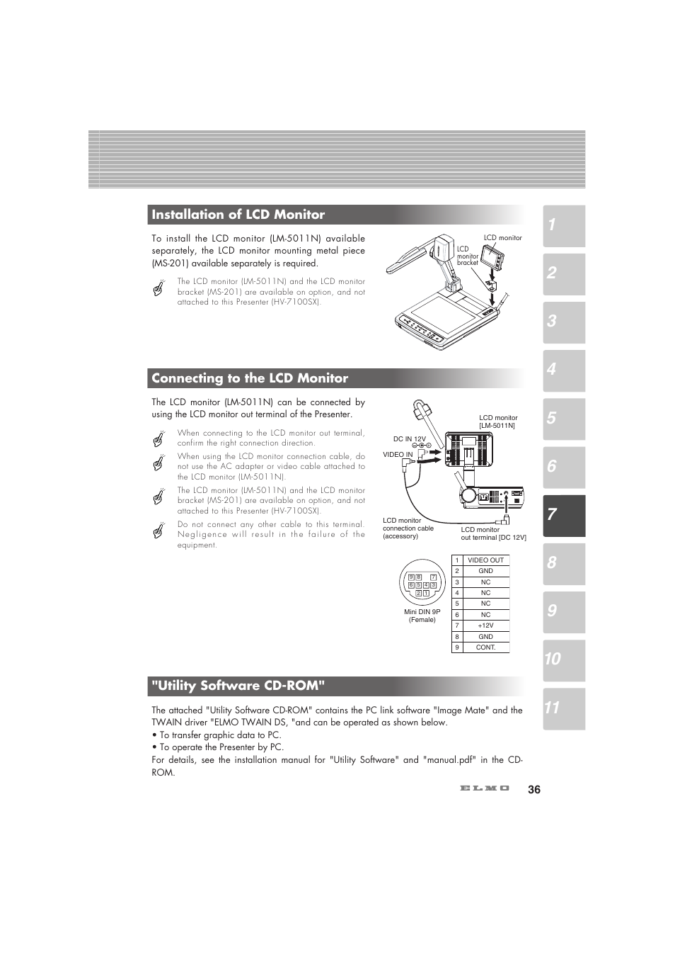 Connecting to the lcd monitor, Utility software cd-rom, Installation of lcd monitor | Elmo Visual Presenter HV-7100SX User Manual | Page 37 / 56