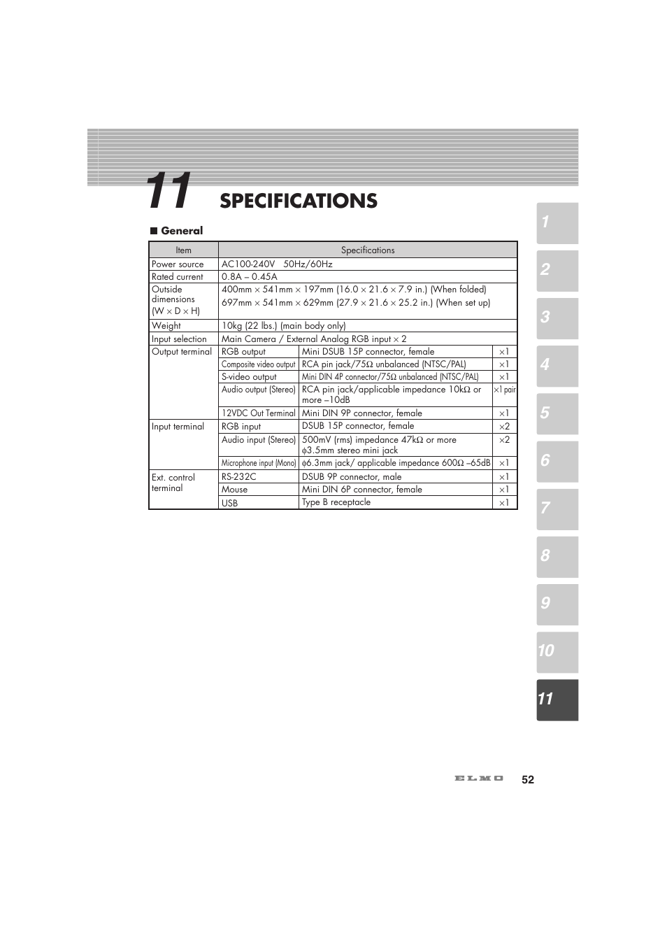 Specifications | Elmo Visual Presenter HV-7100SX User Manual | Page 53 / 56