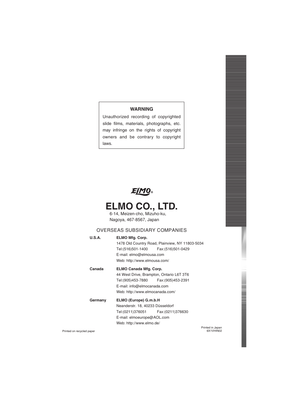 Elmo co., ltd | Elmo Visual Presenter HV-7100SX User Manual | Page 56 / 56