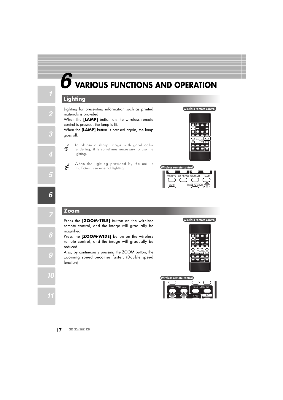 Various functions and operation, Zoom, Lighting | Elmo Ceiling Presenter HV-C1000XG User Manual | Page 18 / 44