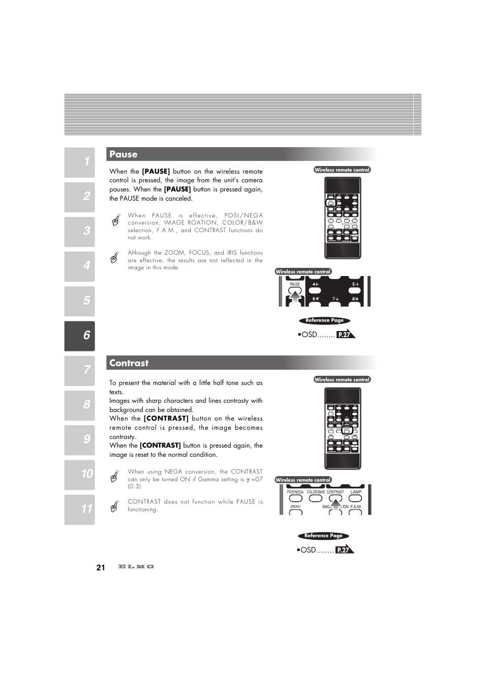 Contrast, Pause, P.27 | Elmo Ceiling Presenter HV-C1000XG User Manual | Page 22 / 44