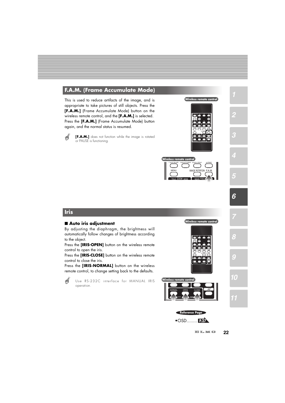 Iris, F.a.m. (frame accumulate mode), Auto iris adjustment | P.27 | Elmo Ceiling Presenter HV-C1000XG User Manual | Page 23 / 44