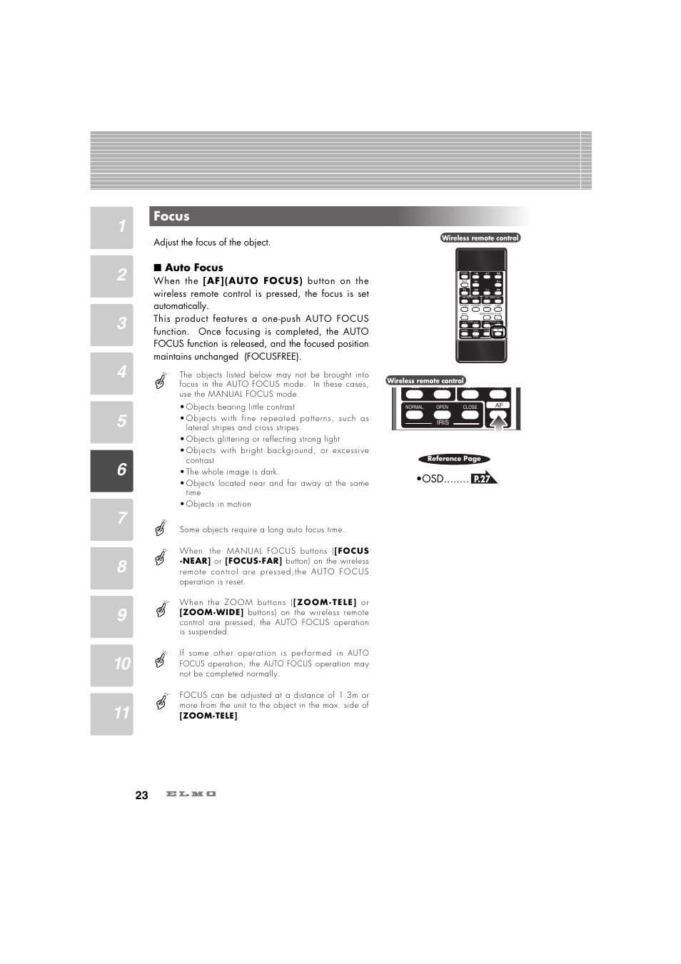 Focus, Auto focus | Elmo Ceiling Presenter HV-C1000XG User Manual | Page 24 / 44