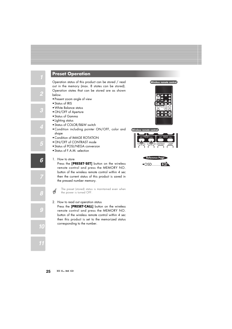 Preset operation | Elmo Ceiling Presenter HV-C1000XG User Manual | Page 26 / 44