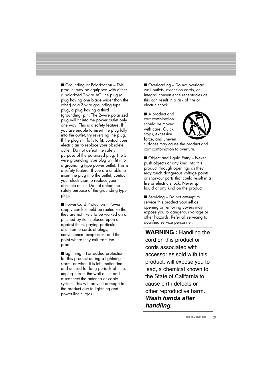 Warning, Wash hands after handling | Elmo Ceiling Presenter HV-C1000XG User Manual | Page 3 / 44