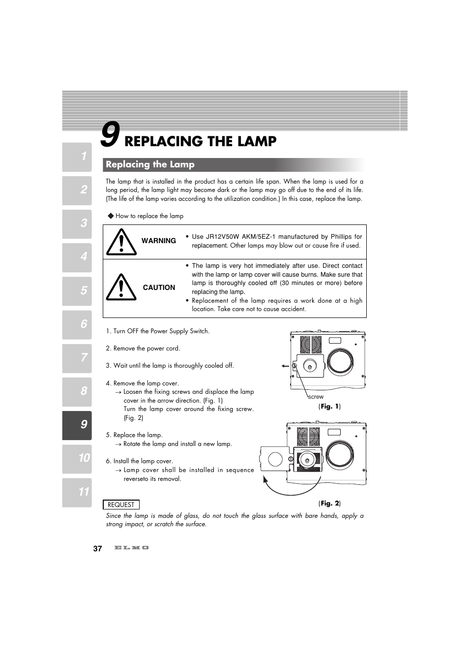 Replacing the lamp | Elmo Ceiling Presenter HV-C1000XG User Manual | Page 38 / 44