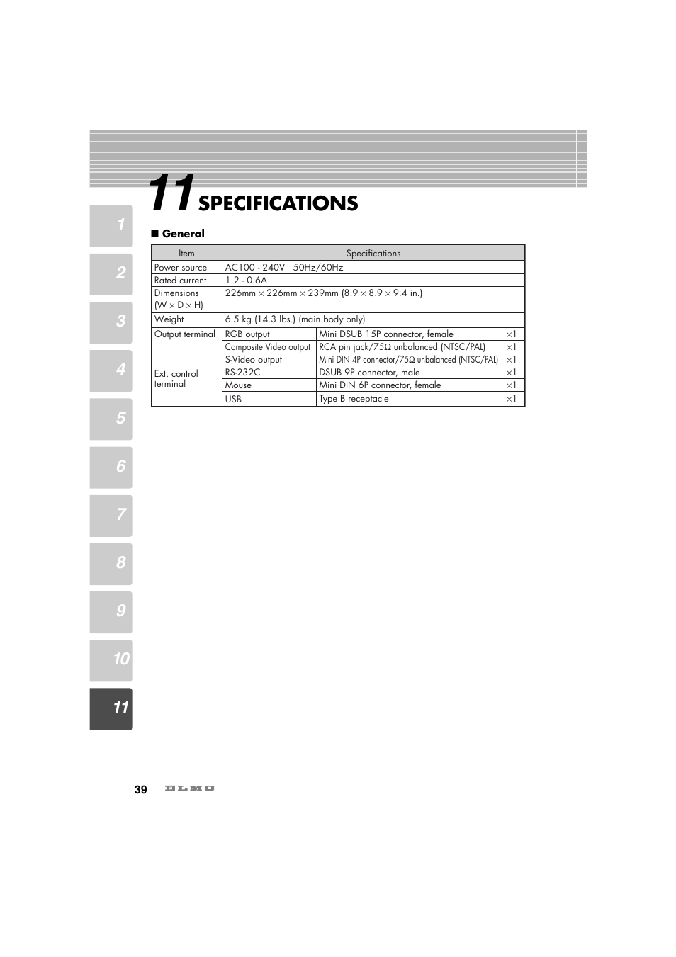 Specifications | Elmo Ceiling Presenter HV-C1000XG User Manual | Page 40 / 44