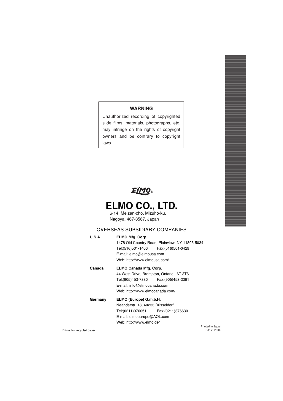 Elmo co., ltd | Elmo Ceiling Presenter HV-C1000XG User Manual | Page 44 / 44