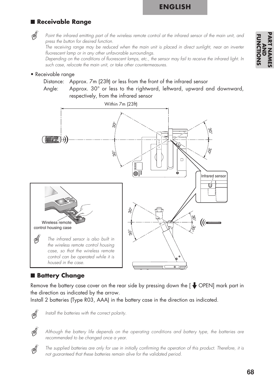 English, Receivable range, Battery change | Elmo P100 User Manual | Page 19 / 48