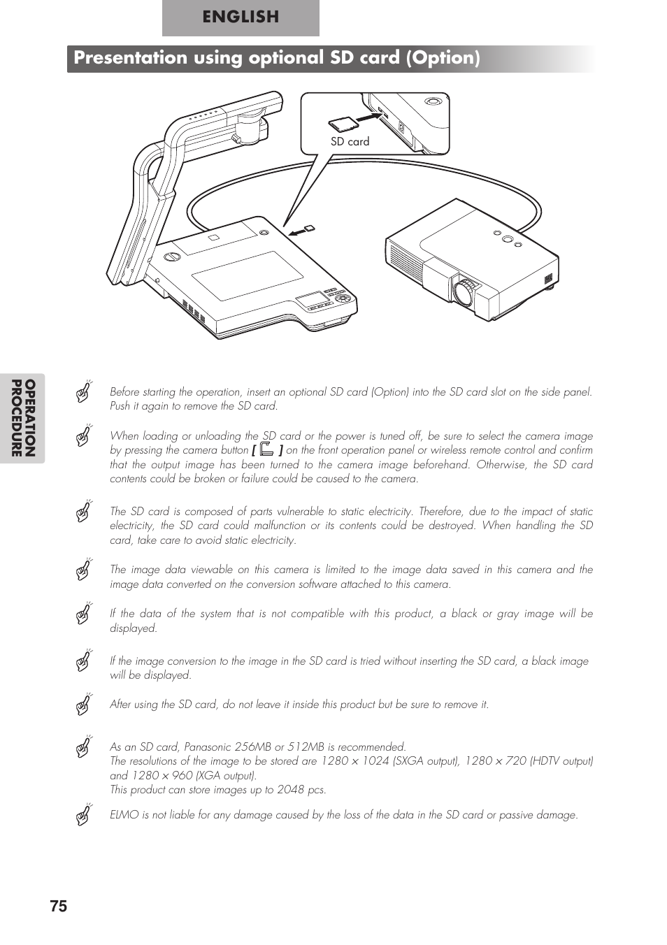 Presentation using optional sd card (option), English | Elmo P100 User Manual | Page 26 / 48