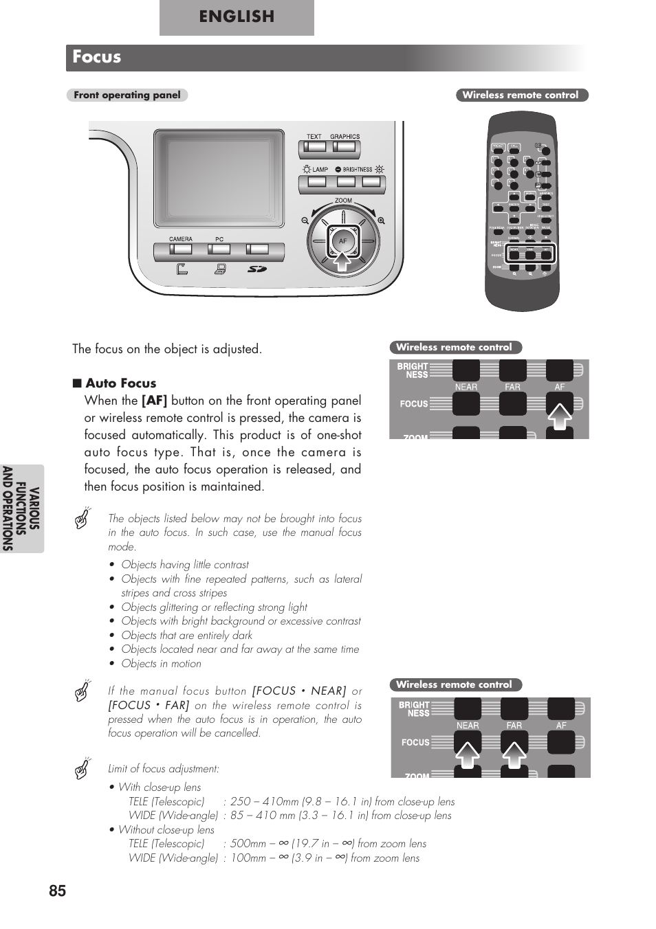 Focus, English | Elmo P100 User Manual | Page 36 / 48