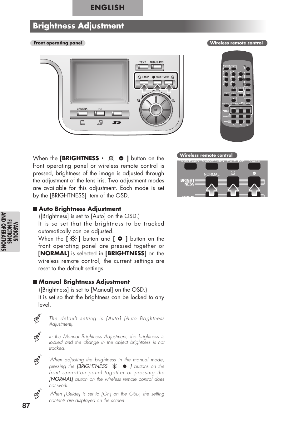 Brightness adjustment, English | Elmo P100 User Manual | Page 38 / 48
