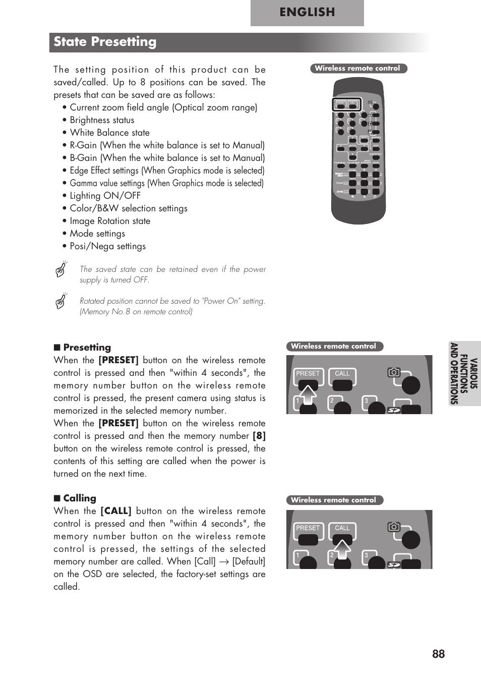 State presetting, English | Elmo P100 User Manual | Page 39 / 48