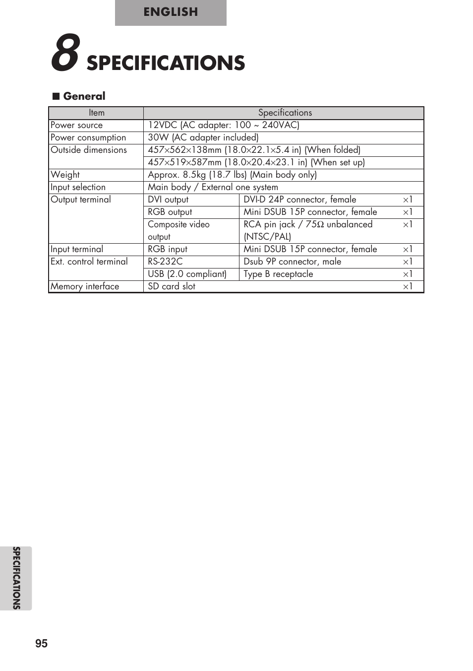 Specifications | Elmo P100 User Manual | Page 46 / 48