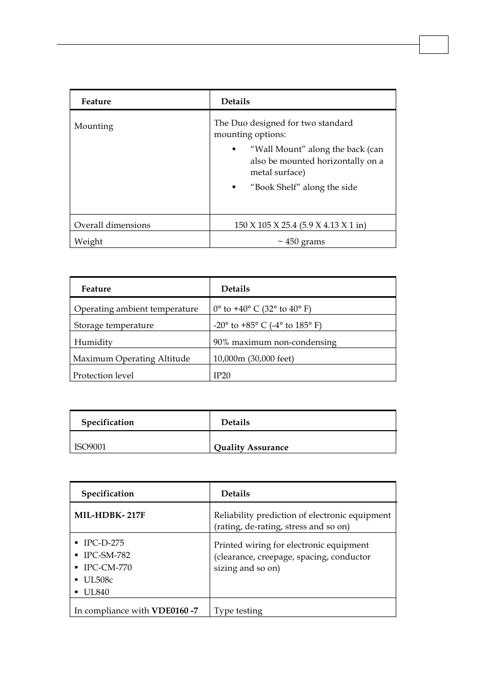 A.8 mechanical specifications, A.9 environmental conditions, A.10 compliance standards | A.10.1 design | ElmoMC SimplIQ Digital Servo Drives-Whi-Duo Installation Guide User Manual | Page 60 / 69